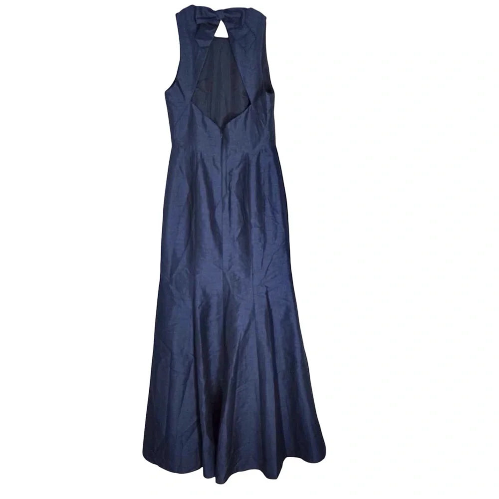 Alfred Sung Bow Open Back Trumpet Gown Blue Jewel Neck Front Slit Size 4 D734 - Picture 4 of 10